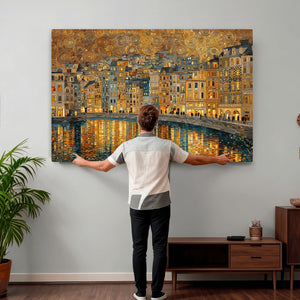 Gustav Klimt Golden Cityscape Wall Art Canvas Print, Framed