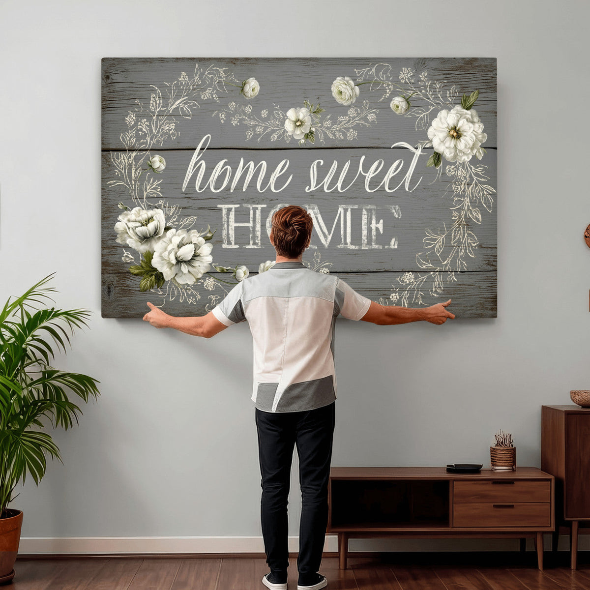 Home Sweet Home Wall Art Canvas Print, Floral Farmhouse