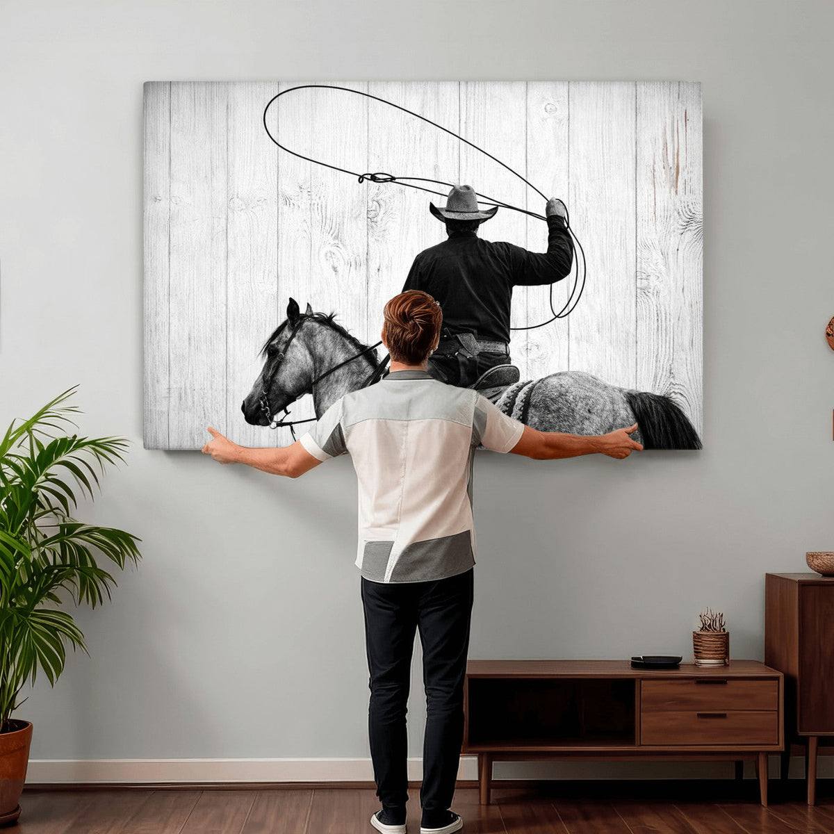 Cowboy Lasso Canvas Wall Art, Black White Western Horse
