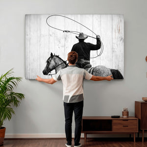 Cowboy Lasso Canvas Wall Art, Black White Western Horse
