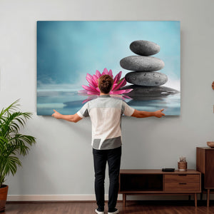 Zen Canvas Wall Art Lotus Flower Stacked Stones Teal Spa