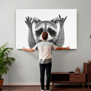 Funny Raccoon Canvas Wall Art, Black White Hands Up Animal Photo Print, Humorous Wildlife Decor, Kids Room Nursery Art, Quirky Animal Gift