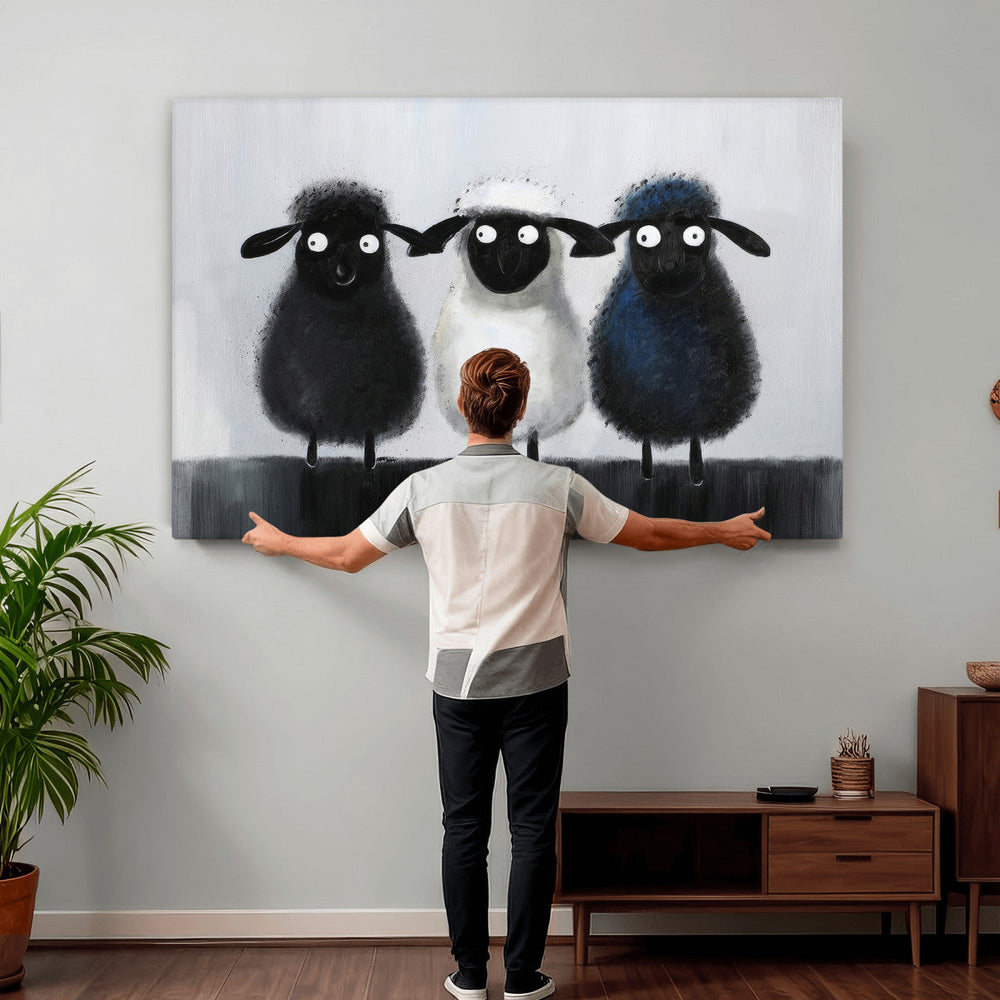Funny Sheep Canvas Wall Art, Three Quirky Sheep Painting Print, Cute Animal Nursery Decor, Black White Navy Farmhouse Art, Kids Room Gift