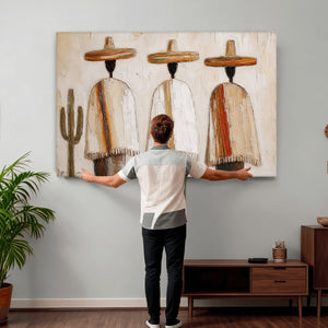 Mexican Wall Art Canvas Print, Southwestern Sombrero Poncho Painting, Neutral Earthy Boho Decor, Fiesta Living Room Art, Impasto Style Print