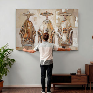 Mexican Folk Art Canvas Wall Art, Charro Poncho Sombrero Painting Print, Neutral Beige Boho Decor, Southwestern Impasto Style, Living Room Art