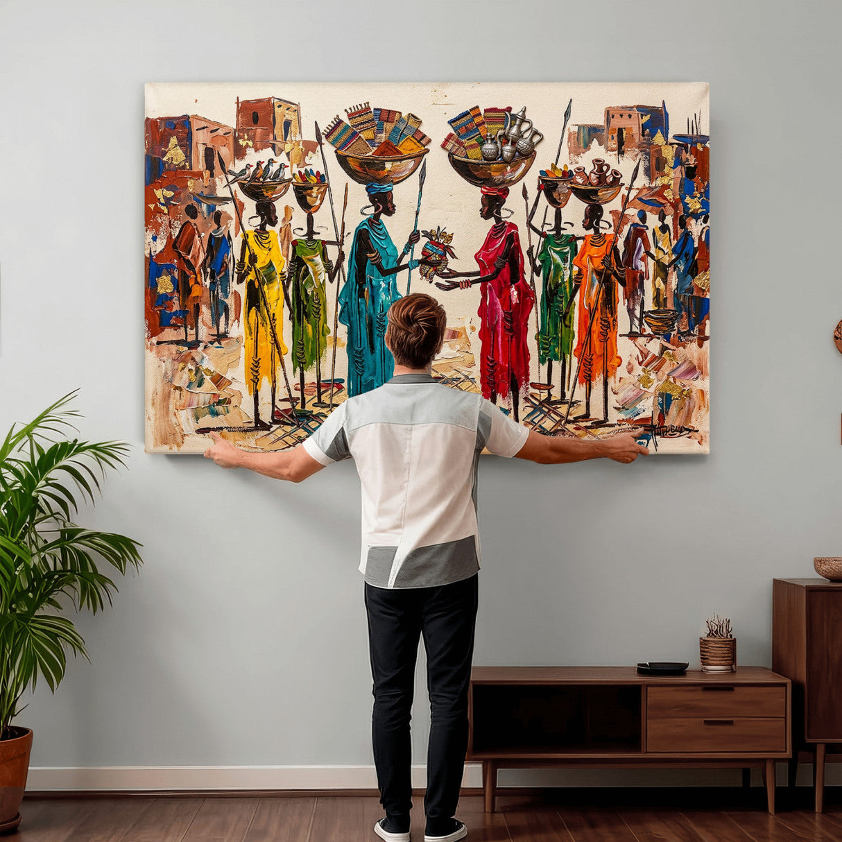 African Folk Art Canvas Wall Art, Colorful African Women Village Painting Print, Tribal Ethnic Home Decor, Vibrant African Art, Living Room
