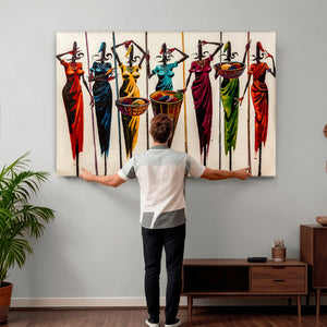 African Folk Art Canvas Wall Art, Colorful African Women Village Painting Print, Tribal Ethnic Home Decor, Vibrant African Art, Living Room
