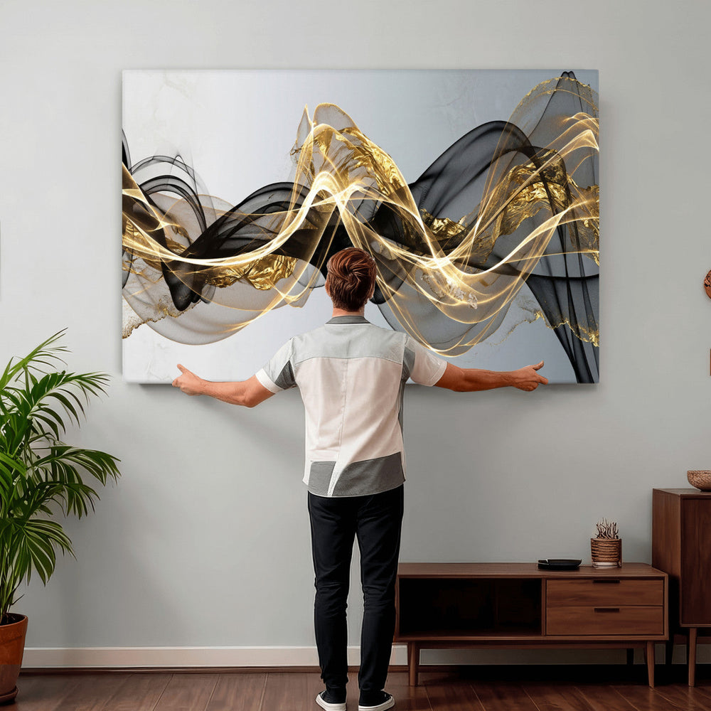 Black and Gold Abstract Wall Art, Modern Wave Canvas Print, Elegant Flowing Smoke Art, Luxury Living Room Decor