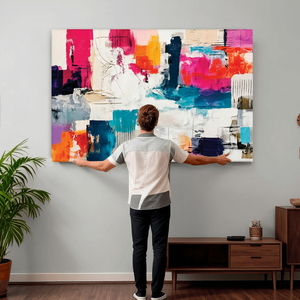 Blue Teal Abstract Canvas Wall Art, Modern Textured Painting Print, Navy Orange White Contemporary Art, Neutral Living Room Decor, Office Art