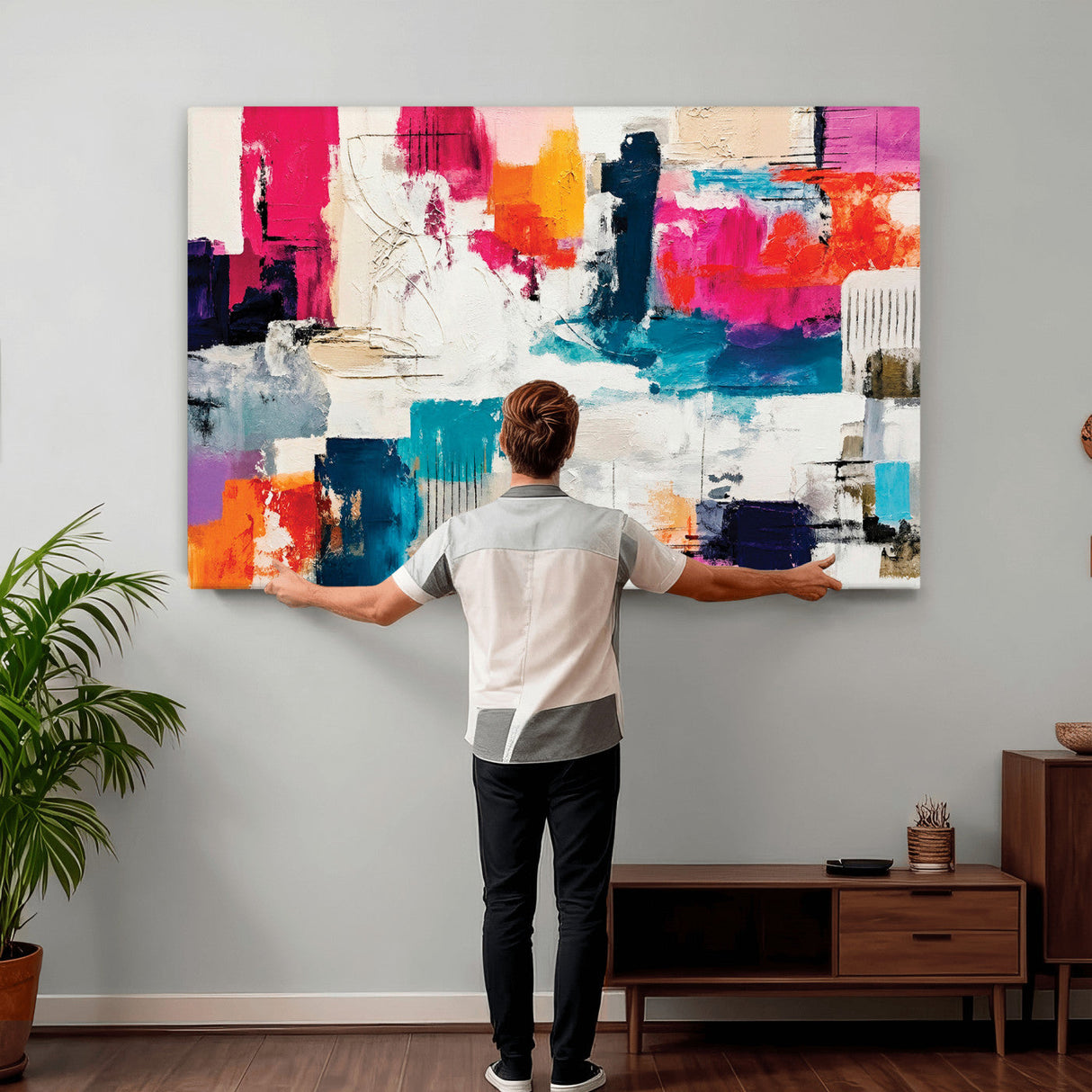 Blue Teal Abstract Canvas Wall Art, Modern Textured Painting Print, Navy Orange White Contemporary Art, Neutral Living Room Decor, Office Art