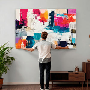 Blue Teal Abstract Canvas Wall Art, Modern Textured Painting Print, Navy Orange White Contemporary Art, Neutral Living Room Decor, Office Art