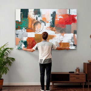 Blue Teal Abstract Canvas Wall Art, Modern Textured Painting Print, Navy Orange White Contemporary Art, Neutral Living Room Decor, Office Art