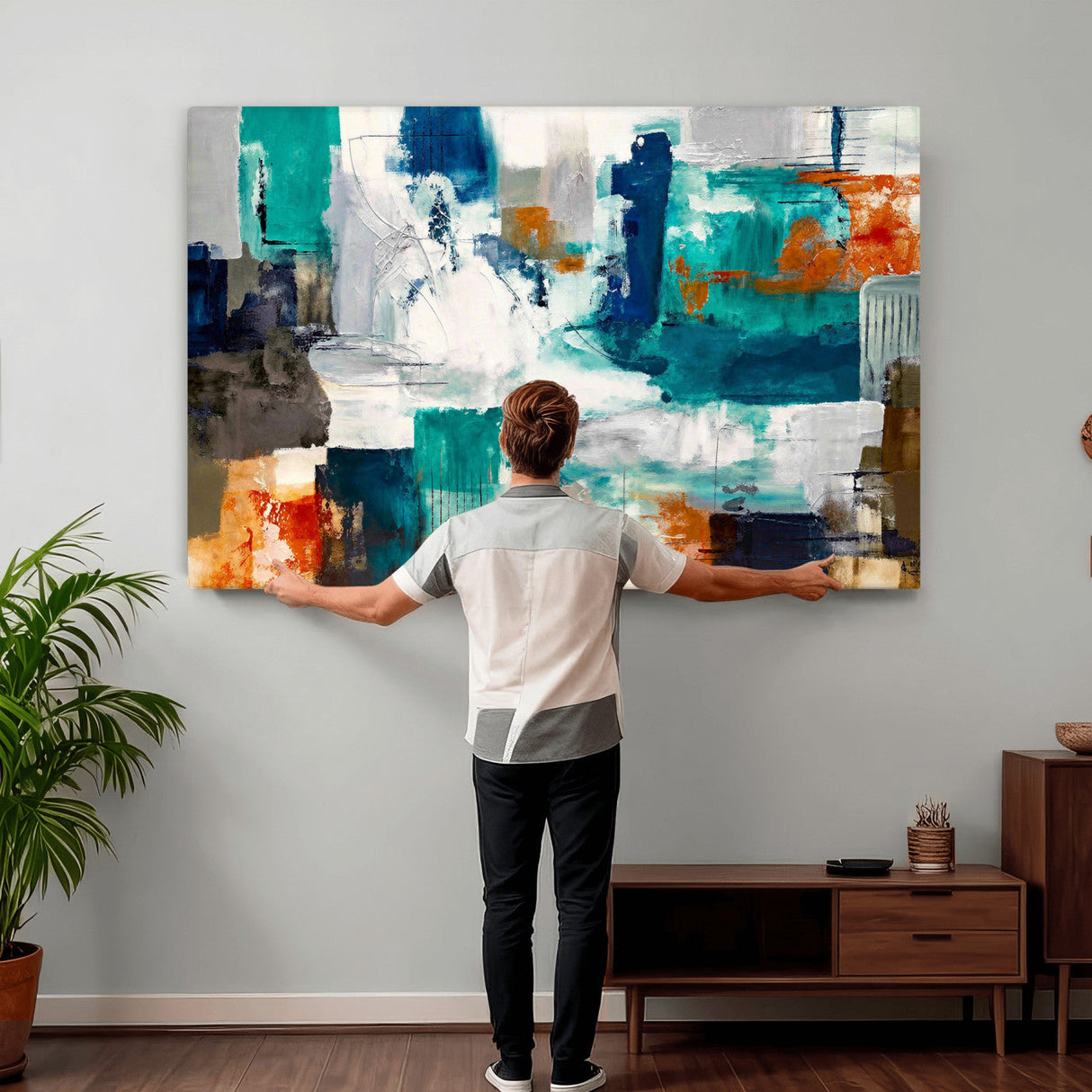 Blue Teal Abstract Canvas Wall Art, Modern Textured Painting Print, Navy Orange White Contemporary Art, Neutral Living Room Decor, Office Art