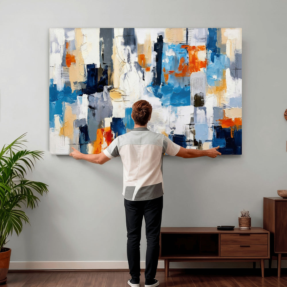 Blue Teal Abstract Canvas Wall Art, Modern Textured Painting Print, Navy Orange White Contemporary Art, Neutral Living Room Decor, Office Art