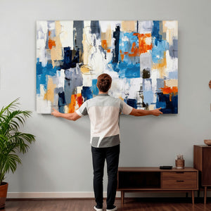 Blue Teal Abstract Canvas Wall Art, Modern Textured Painting Print, Navy Orange White Contemporary Art, Neutral Living Room Decor, Office Art