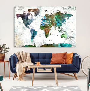 Modern Watercolor World Map Canvas Wall Art – Framed