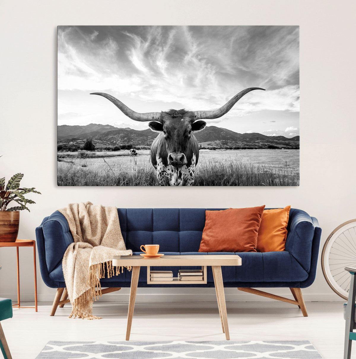 Longhorn Black and White Wall Art – Rustic Western Bull