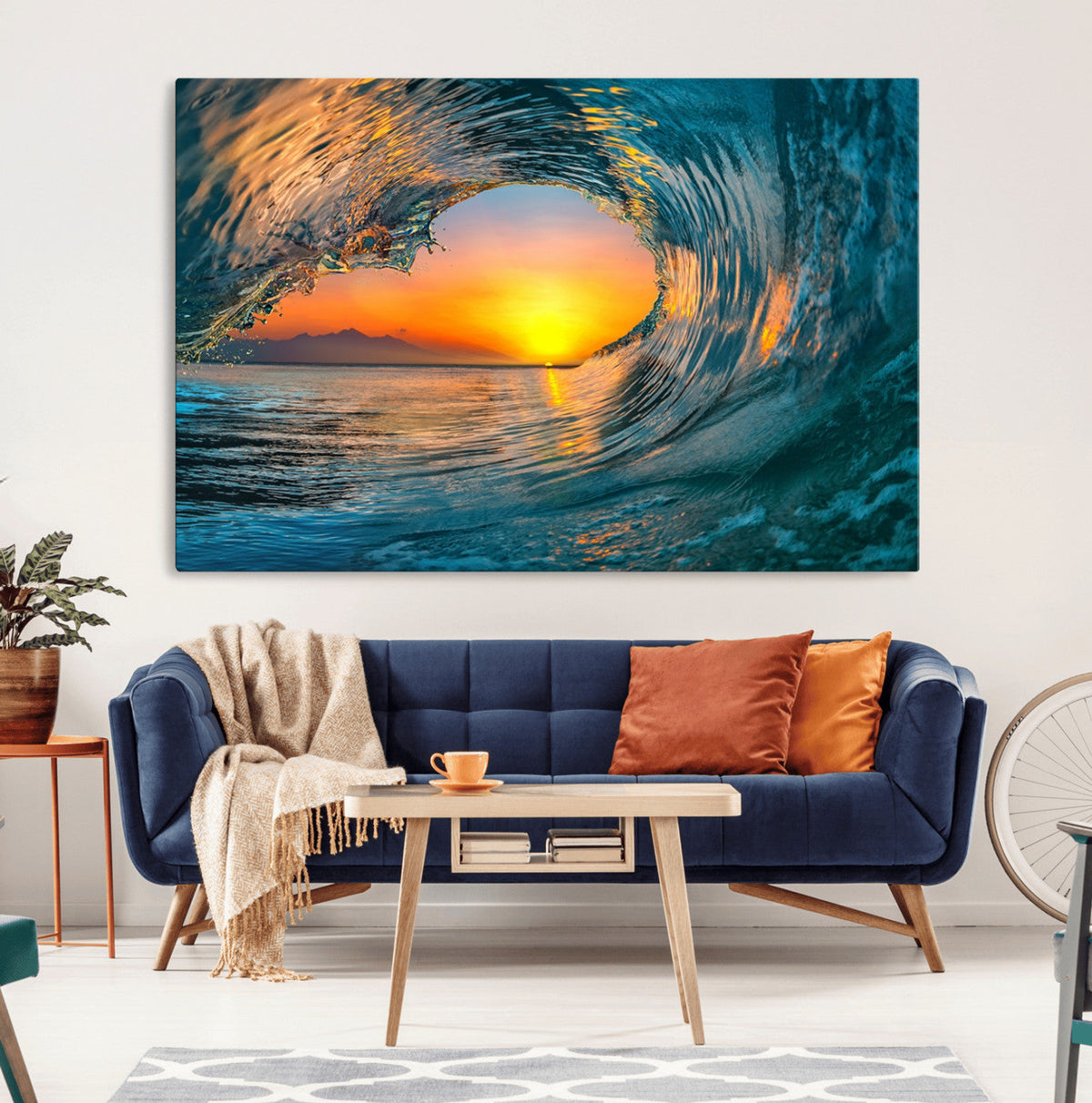 Ocean Wave Sunset Wall Art | Large Coastal Wave Canvas Print