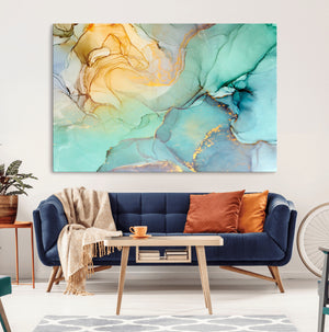 Abstract Aqua and Gold Fluid Wall Art Canvas | 3 Panel Large