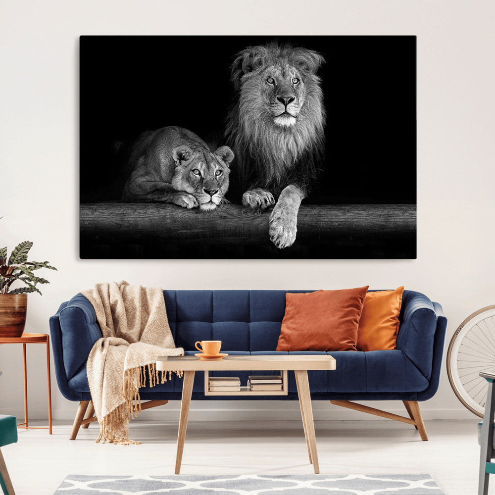 Large Black and White Lion Couple Wall Art Canvas Print –