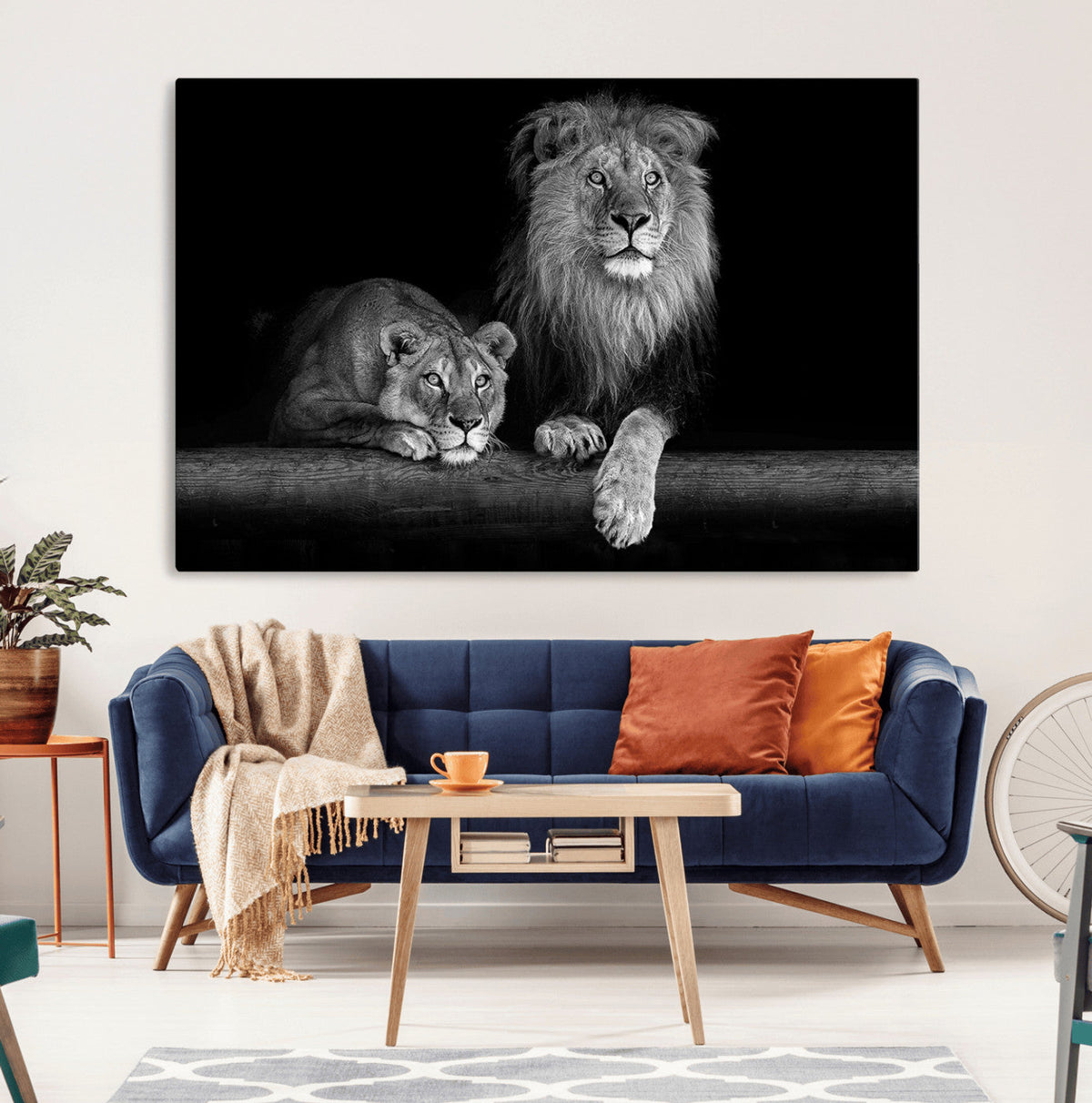 Large Black and White Lion Couple Wall Art Canvas Print –