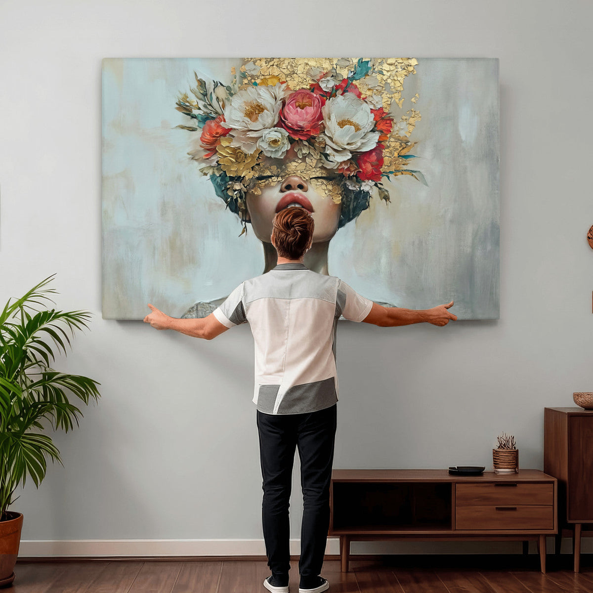 Golden Petal Wall Art Canvas Print - Silhouette Woman Wall