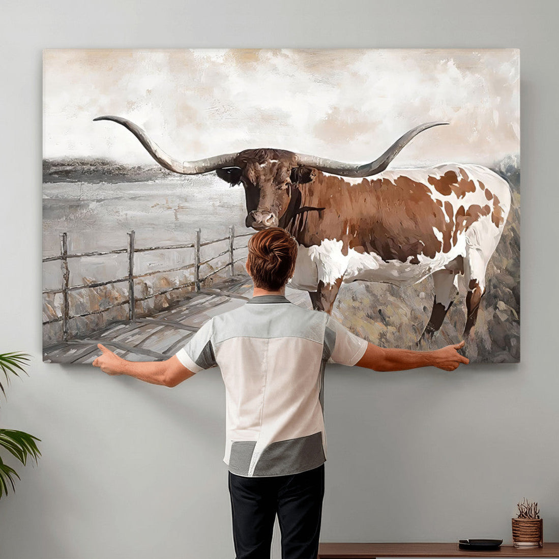 Vintage Texas Cow Wall Art Canvas Print, Rustic Longhorn