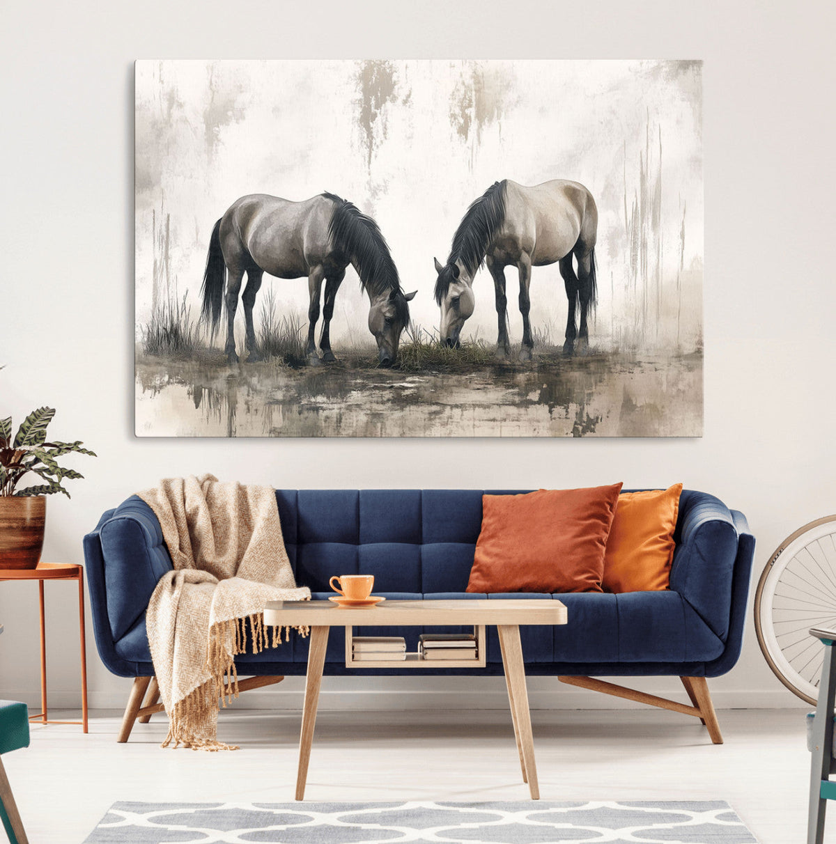 Chines Ink Style Vintage Horses Wall Art Canvas Print for