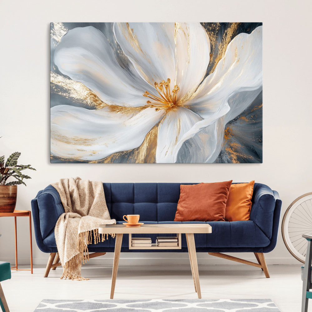 White and Gold Floral Canvas Wall Art - Framed and Ready to