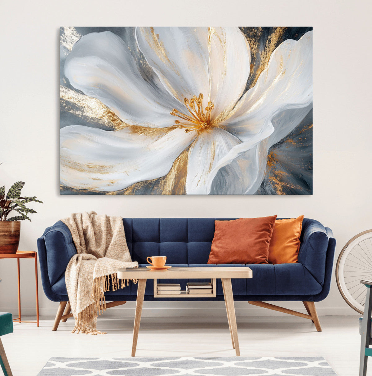 White and Gold Floral Canvas Wall Art - Framed and Ready to