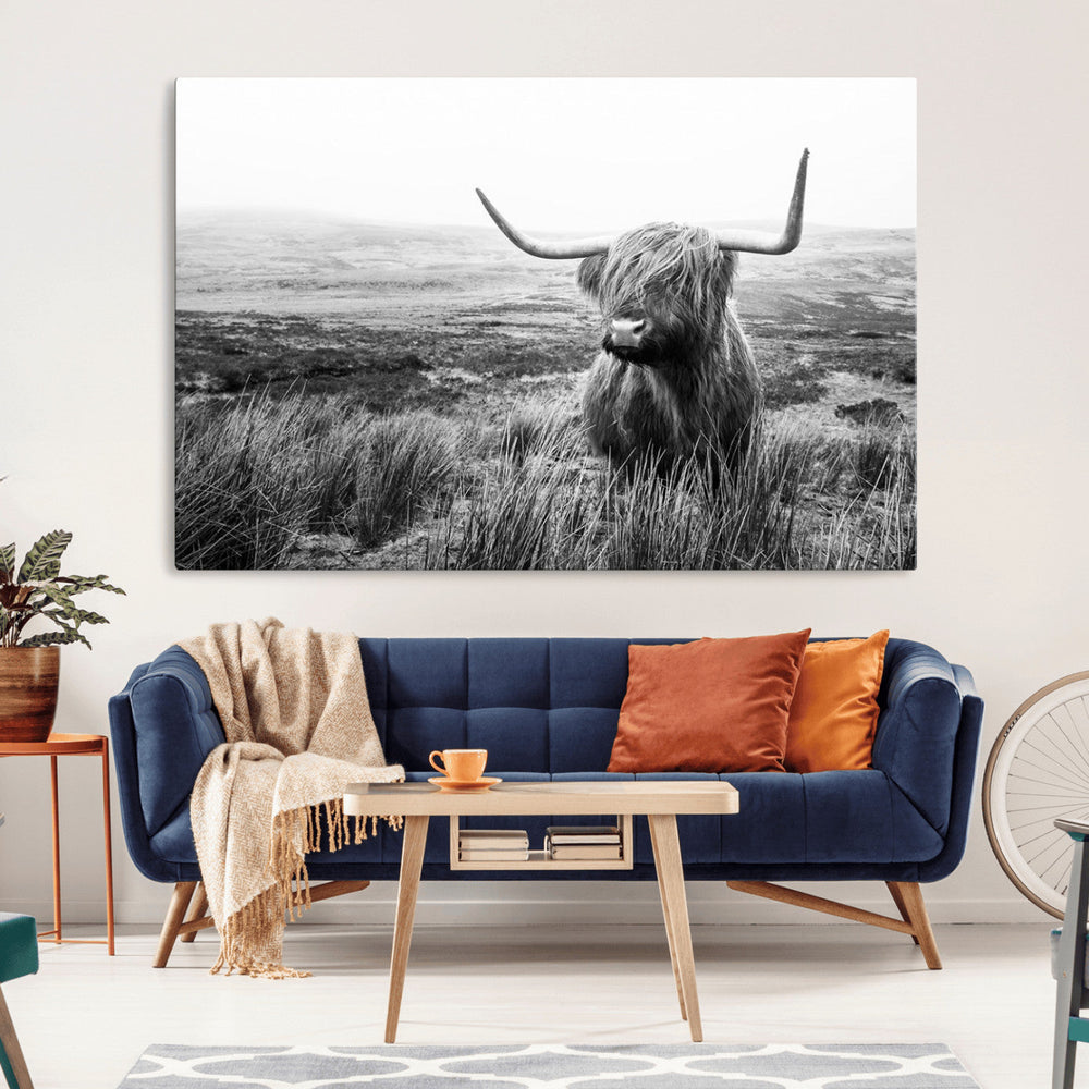 Scottish Highland Cow Wall Art | Black and White Canvas
