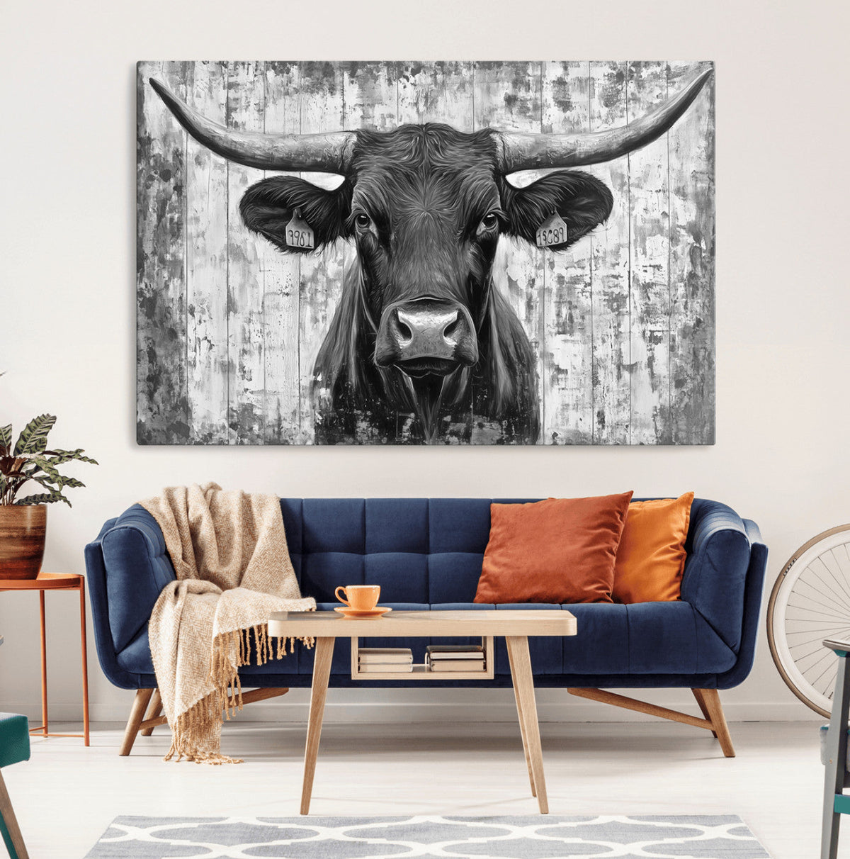 Abstract Longhorn Bull Wall Art Canvas Print - Rustic Texas