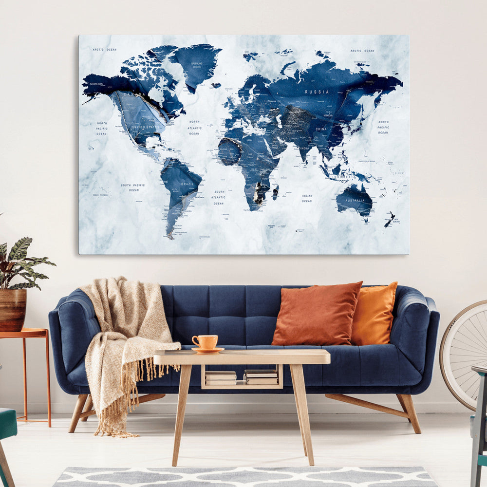 Modern Blue World Map Canvas Print – Framed Wall Art,