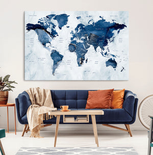 Modern Blue World Map Canvas Print – Framed Wall Art,