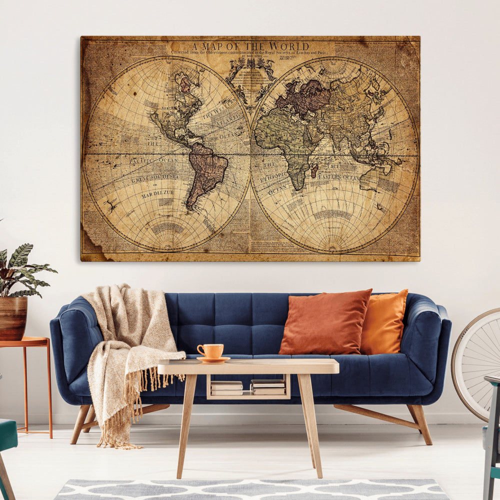 Vintage World Map Wall Art Canvas – Antique Style Push Pin