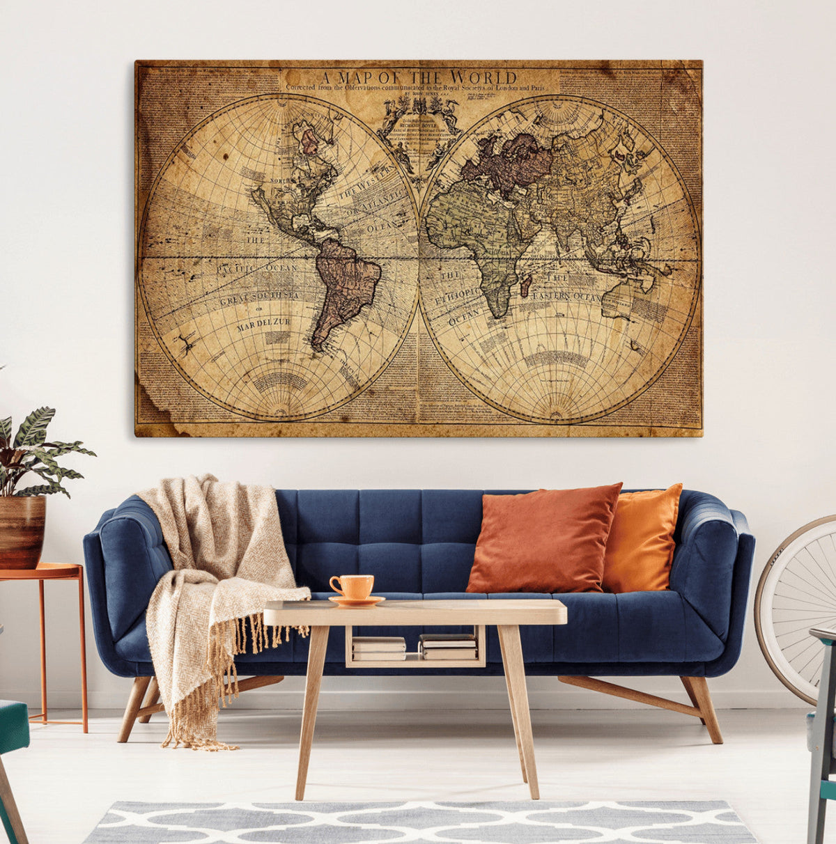 Vintage World Map Wall Art Canvas – Antique Style Push Pin