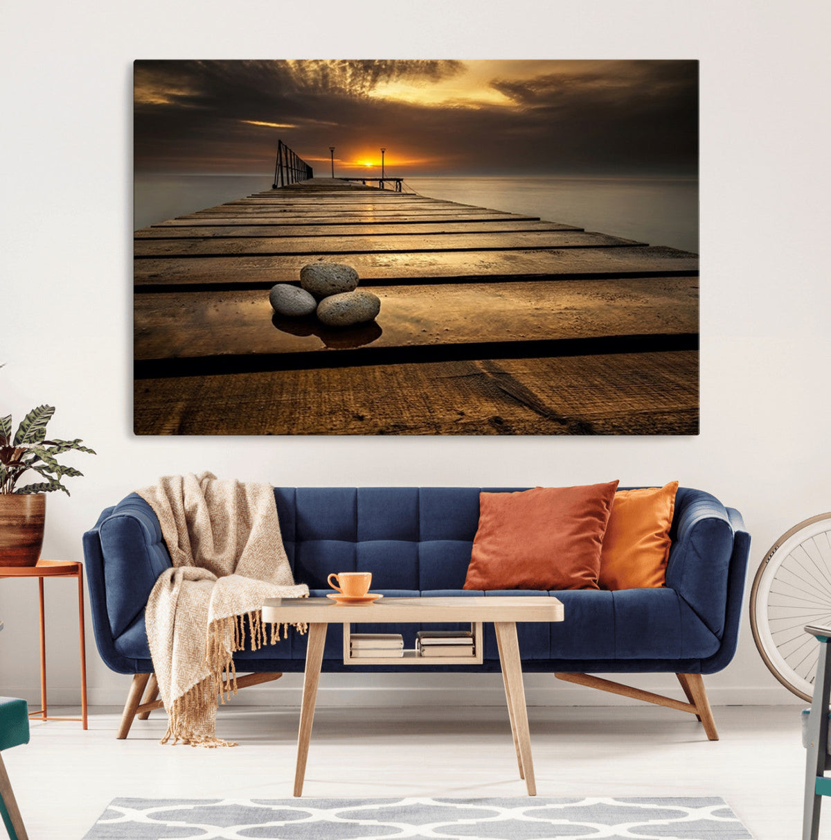Stones on Wooden Pier at Sunset Canvas Print, Serene Coastal