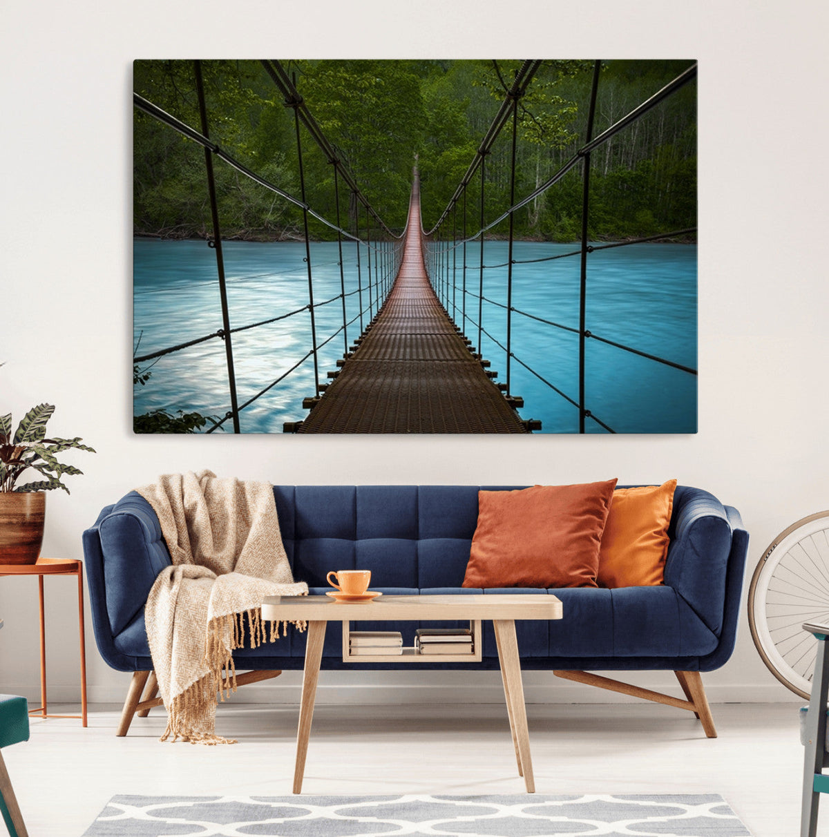 Suspension Bridge Over River Canvas Art | 3-Panel Nature