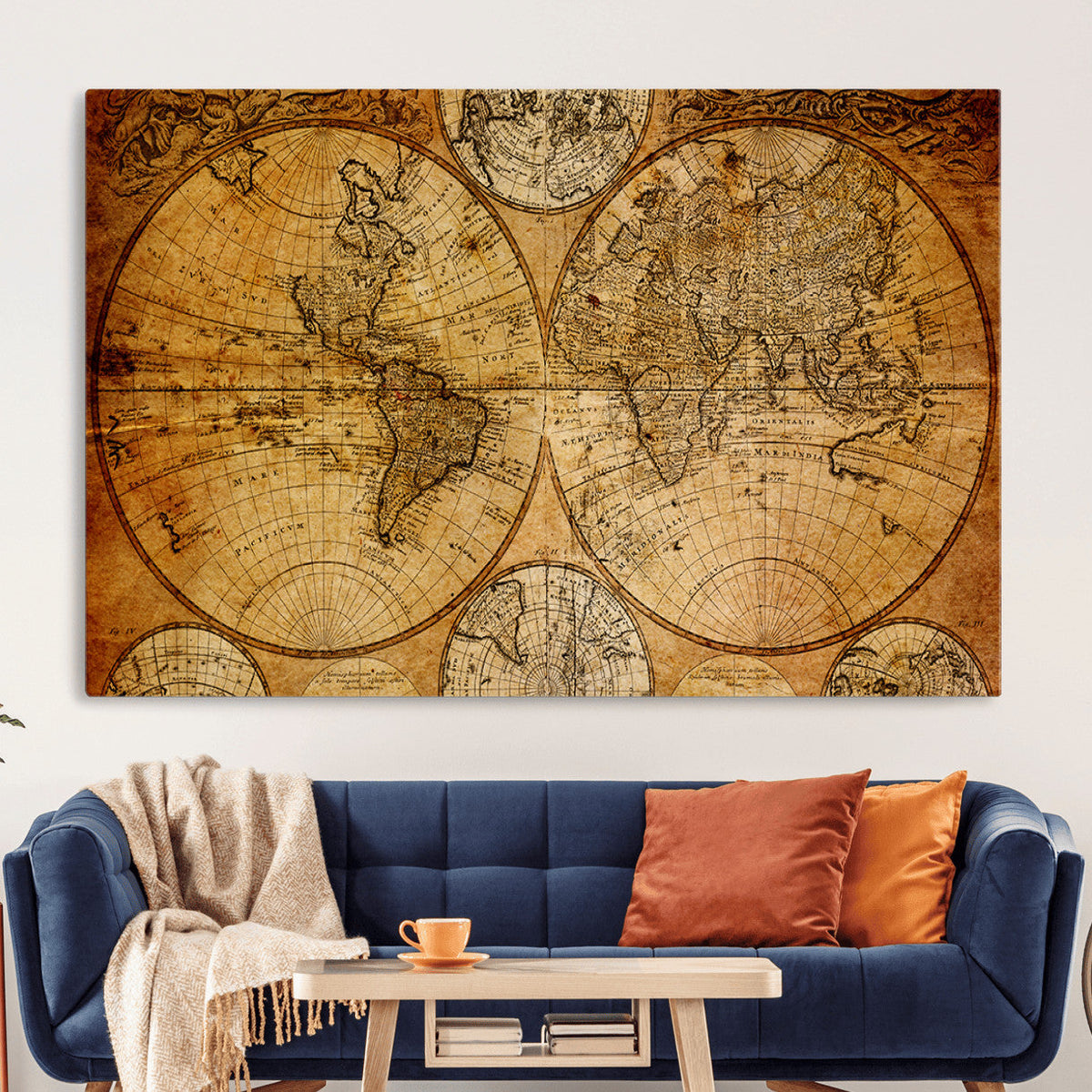 Vintage World Map Canvas Print – Antique Push Pin Travel