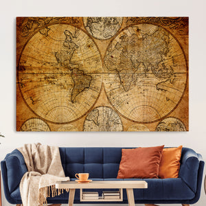 Vintage World Map Canvas Print – Antique Push Pin Travel