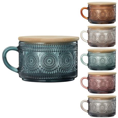 Tonal Hobnail Mug Glassware with 6 Lids & Gold Spoons, Set of 6