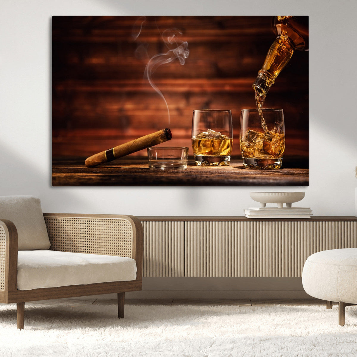 Whiskey and Cigar Wall Art Canvas | 3 Panel Bar Room Decor