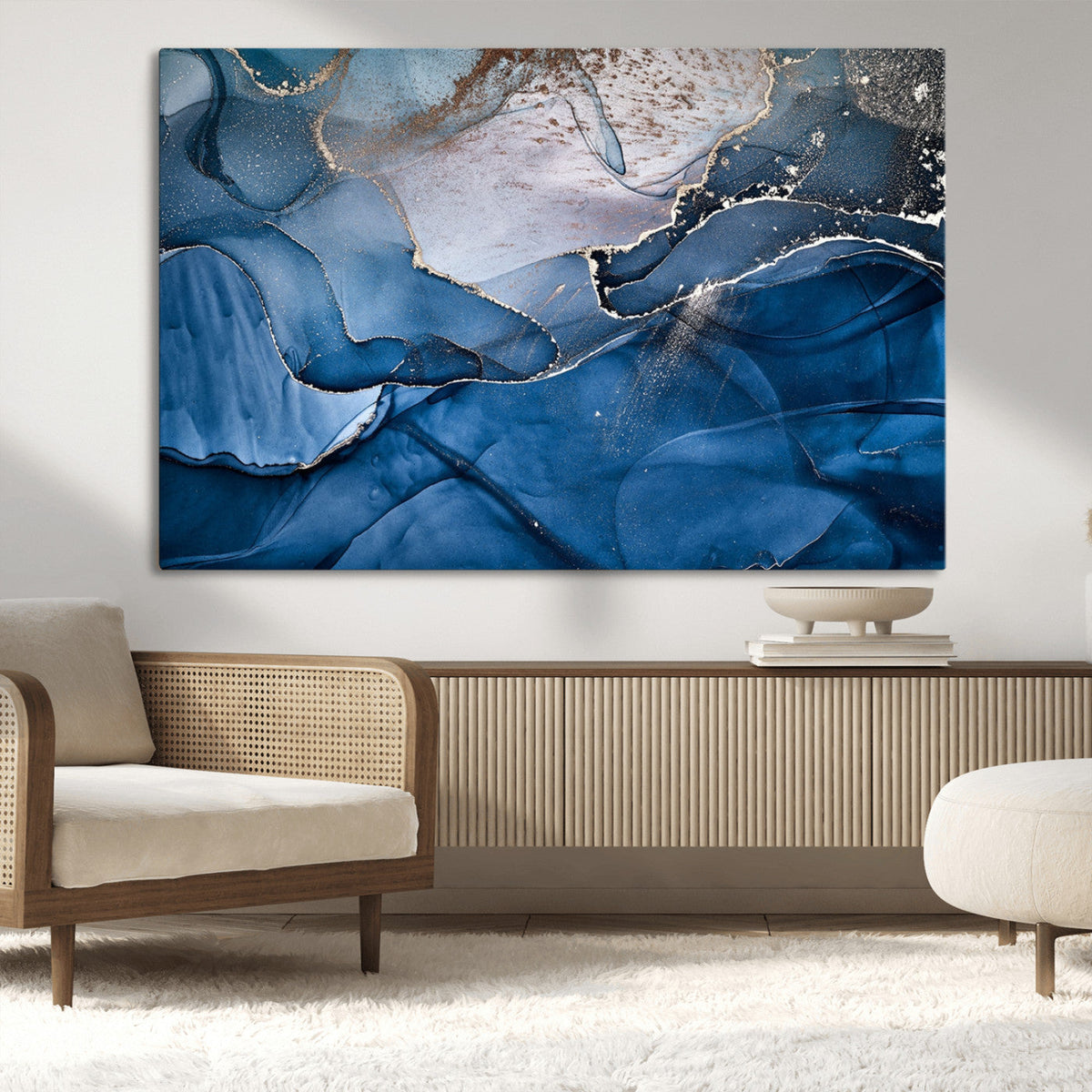 Navy Blue Canvas Art Abstract Print – Elegant Triptych