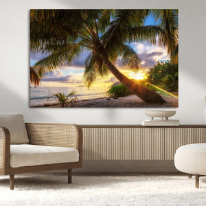 Tropical Island Sunset on the Beach Palms Wall Art Canvas