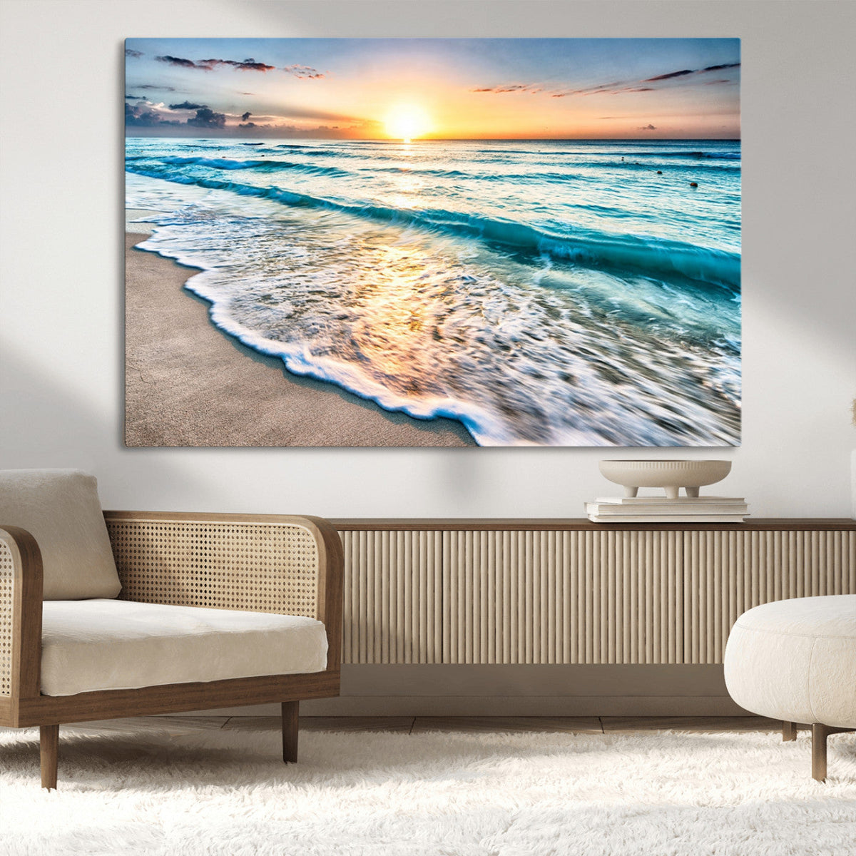 Sunset Beach Waves Canvas Wall Art – 5-Panel Ocean Sunset