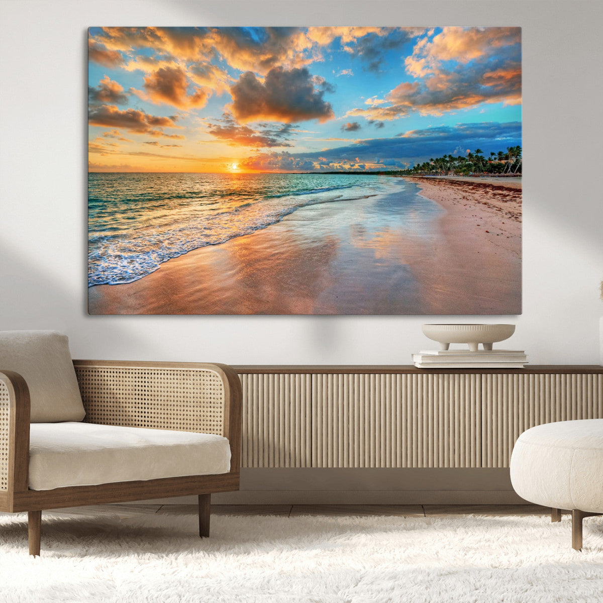 Sunset Ocean Waves on Tropical Beach, 3-Panel Giclee Canvas