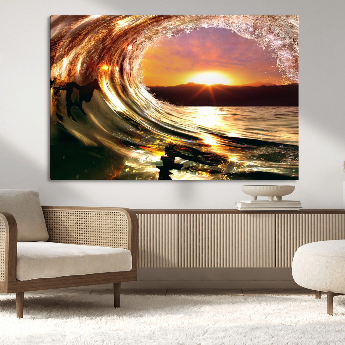 Golden Wave Sunset Triptych Canvas Art, Giclee Canvas Print