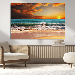 Golden Sunset Beach Canvas Wall Art – Triptych Seascape
