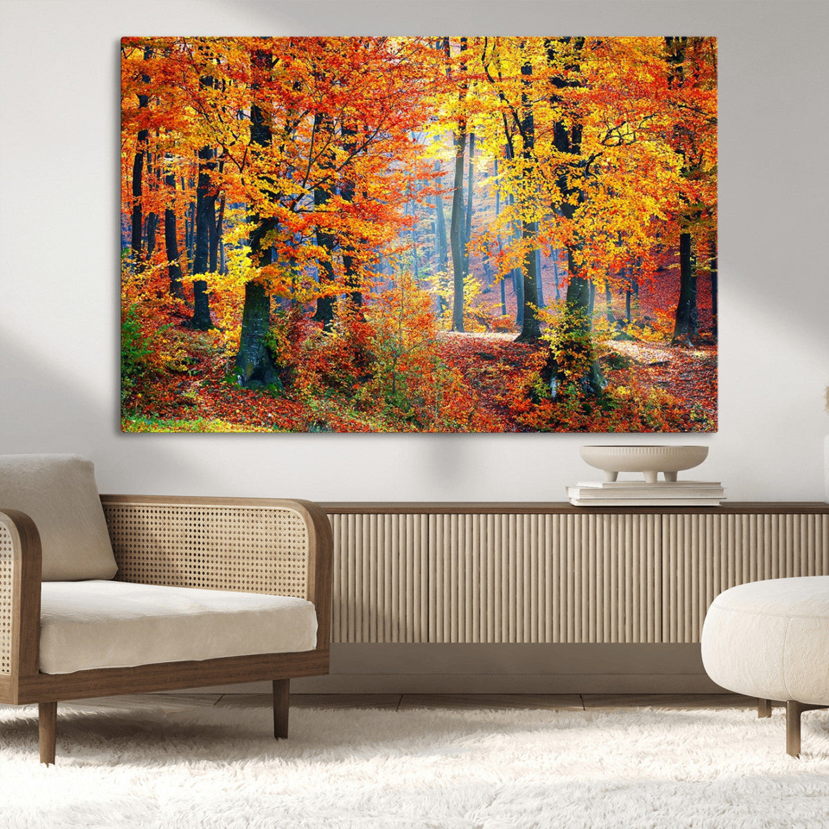 Autumn Red Forest Triptych Canvas Wall Art Print, Forest