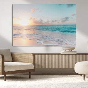 Tranquil Ocean Beach Sunset Canvas Wall Art | 3-Panel